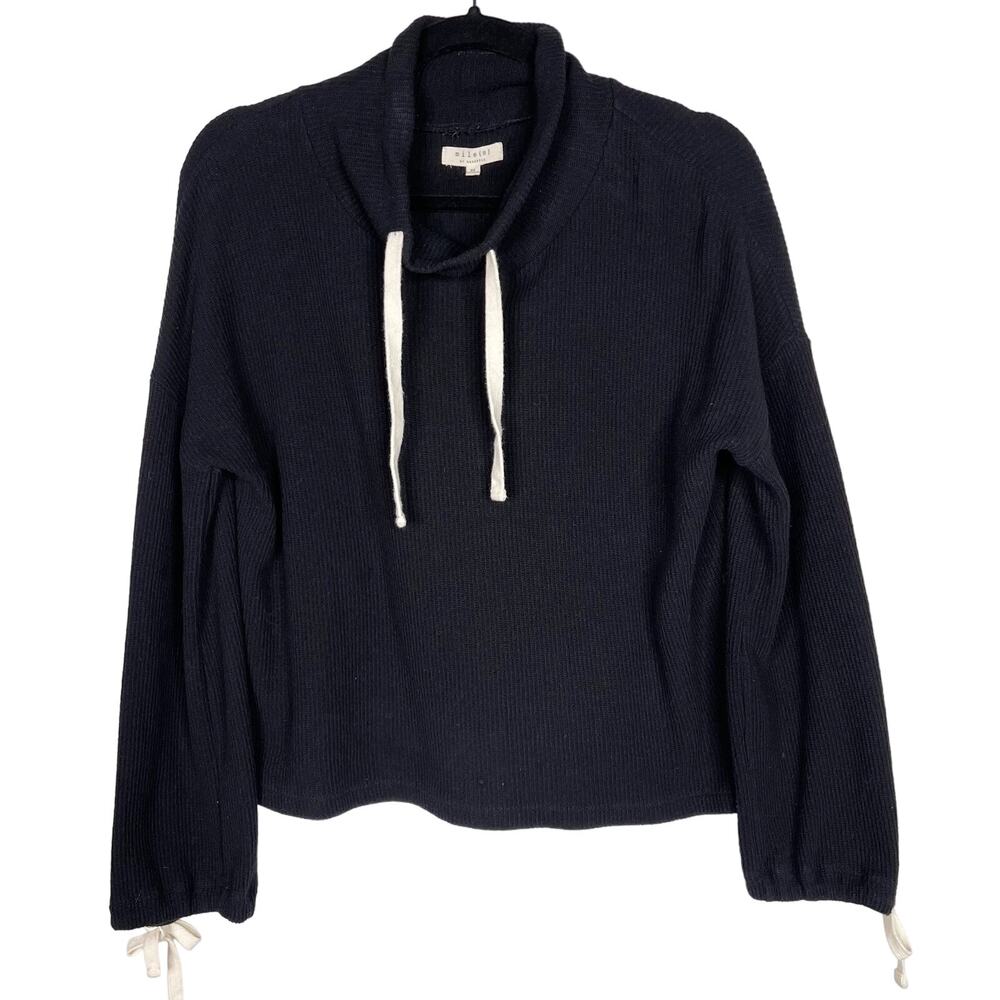 Madewell Miles XSmall XS Black Funnel Neck Tie Sleeve Sweatshirt Cotton Texture